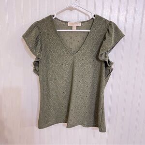 Michael Kors Eyelet Hunter Green Ruffled Sleeve Vneck Top Women’s S